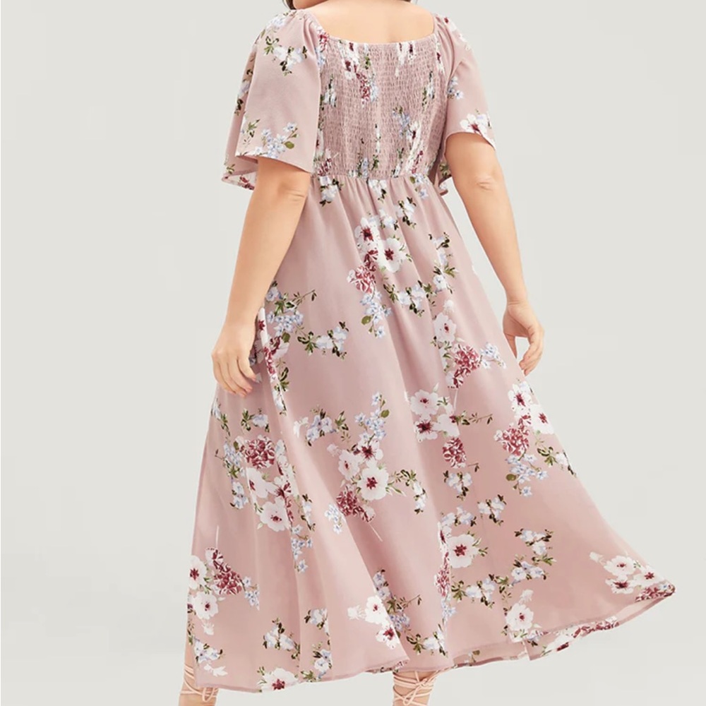 Floral Square Neck Ruffles Pocket Shirred Split Dress - Picture 2 of 8